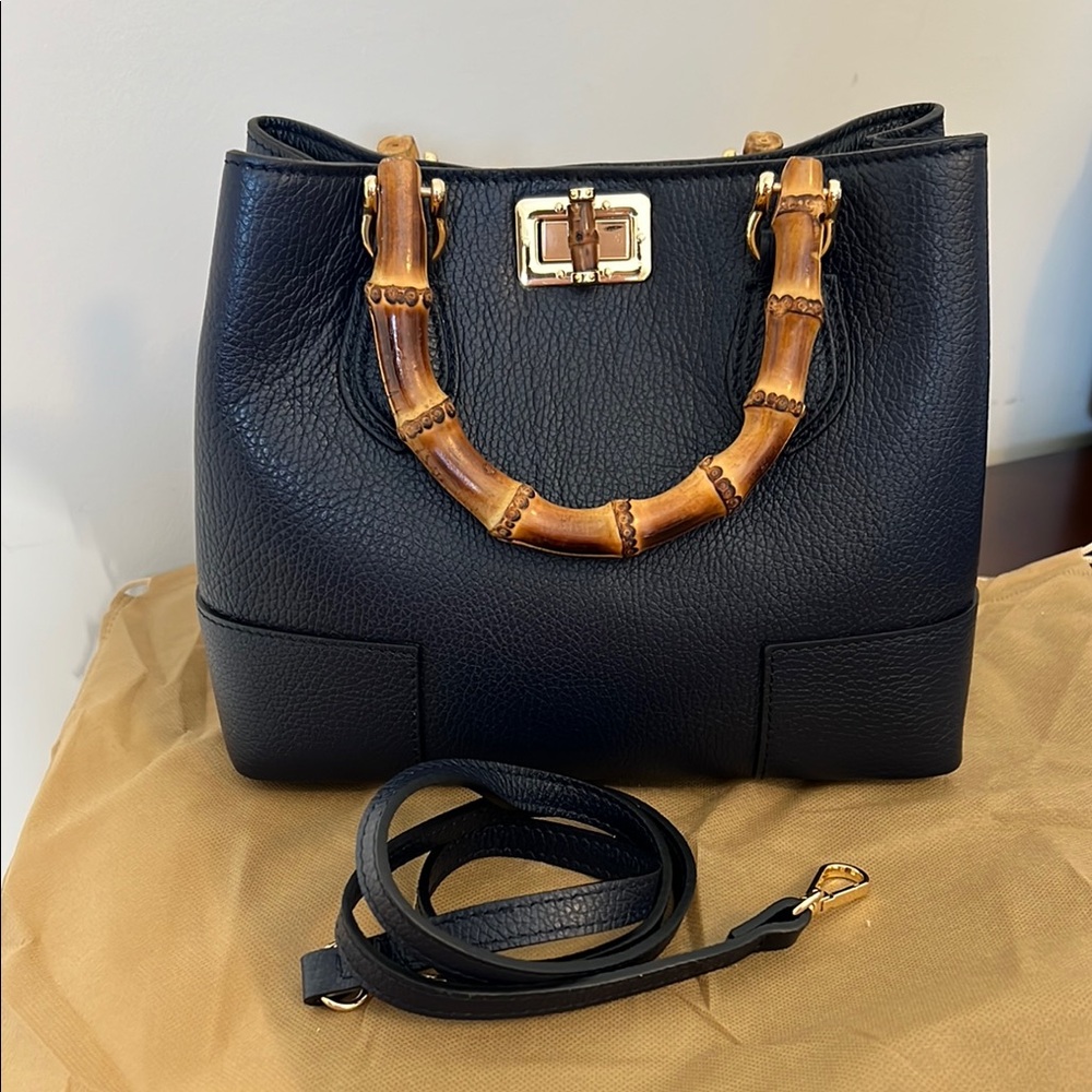 Navy blue Italian Leather Handbag with Bamboo Handles